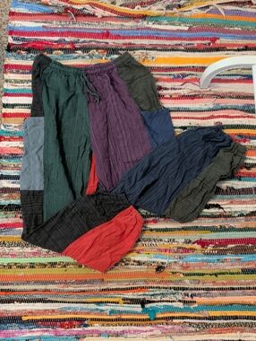 Multi-Color Patchwork Crinkled Boho Pants - Green, Purple, Navy, Red